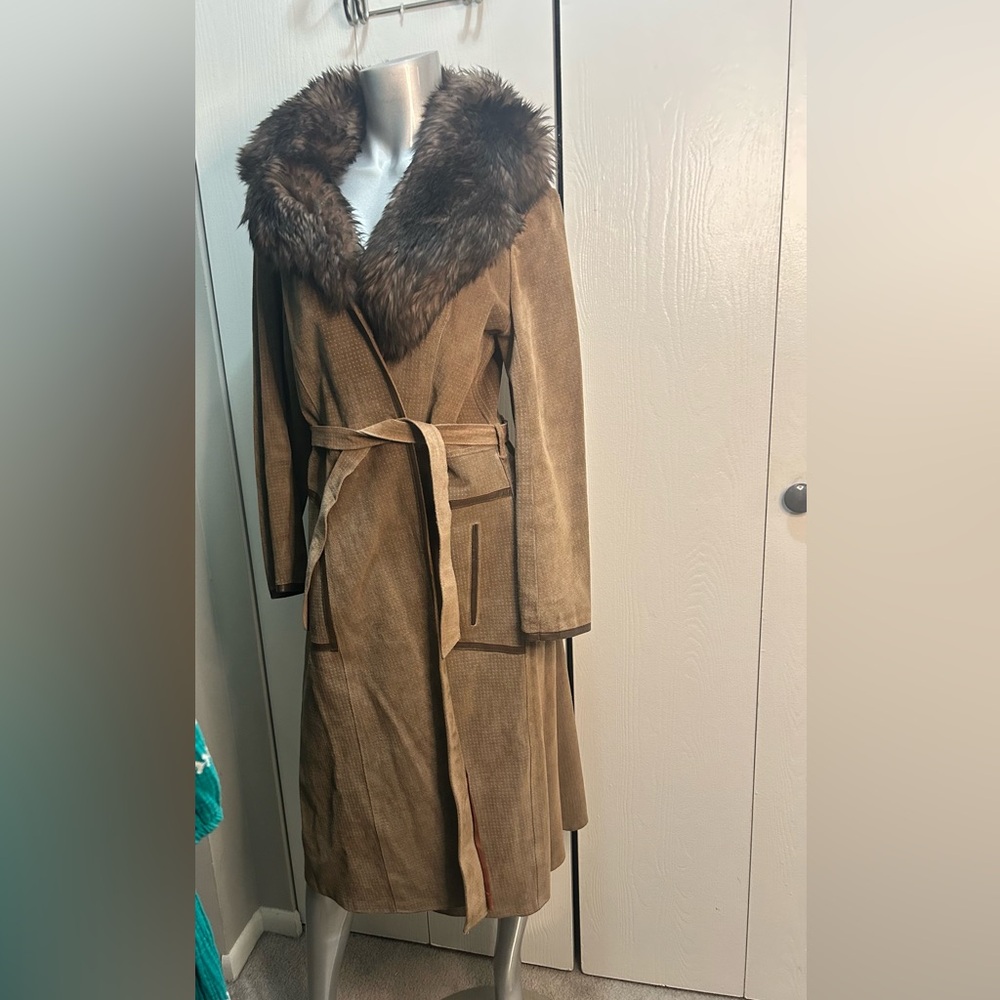 Vintage Brown Penny Lane Faux Fur Lamb Suede Leather Collar Coat
